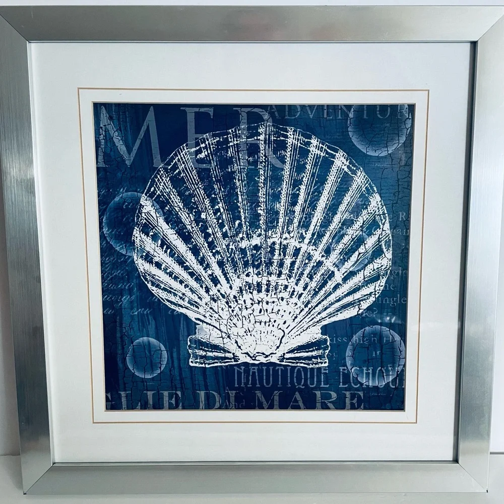 Navy Nautilus Shell brushed silver framed pictures set of two Made in the USA